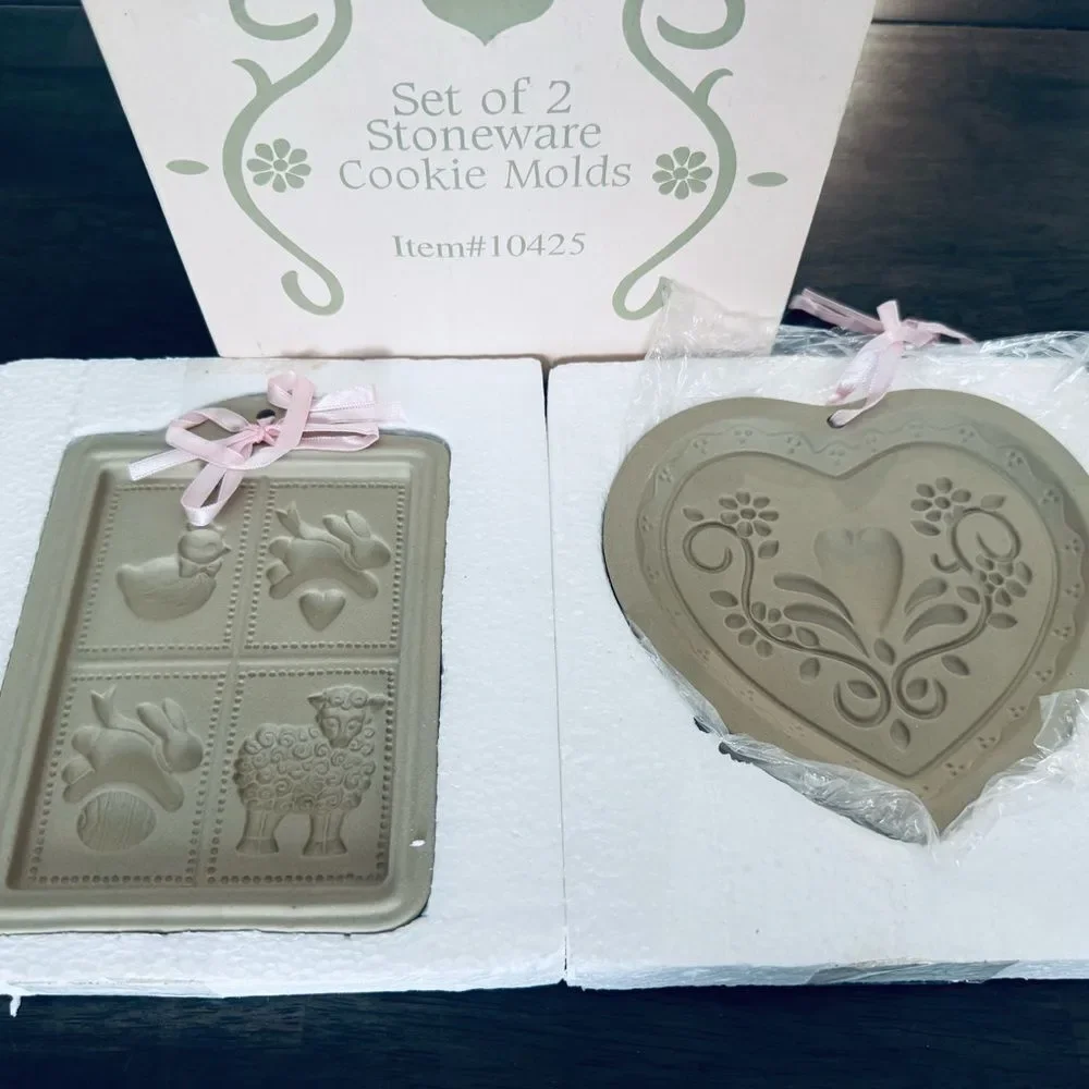 Vintage Spring Easter Heart Stoneware Cookie Molds Set